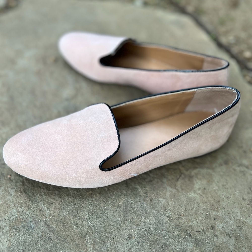 J. Crew Factory Blush Suede Loafers with Black Trim